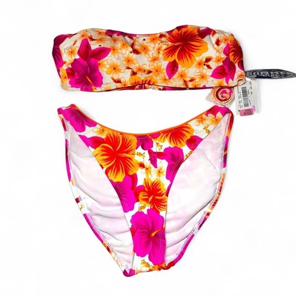 Y2K NWT Summer Girl Floral Bikini Set with Pink and Orange Hibiscus - Main Image